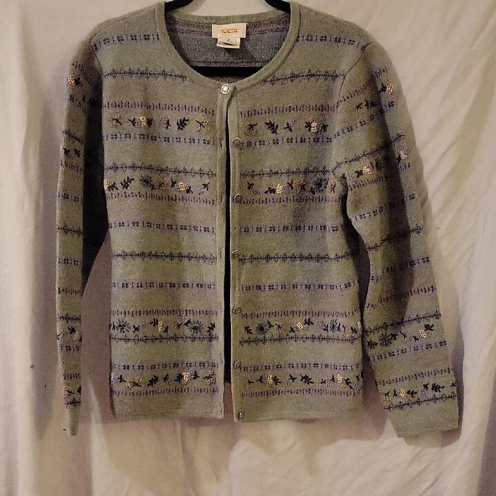 Talbots Sage Green Patterned Crewneck Cardigan